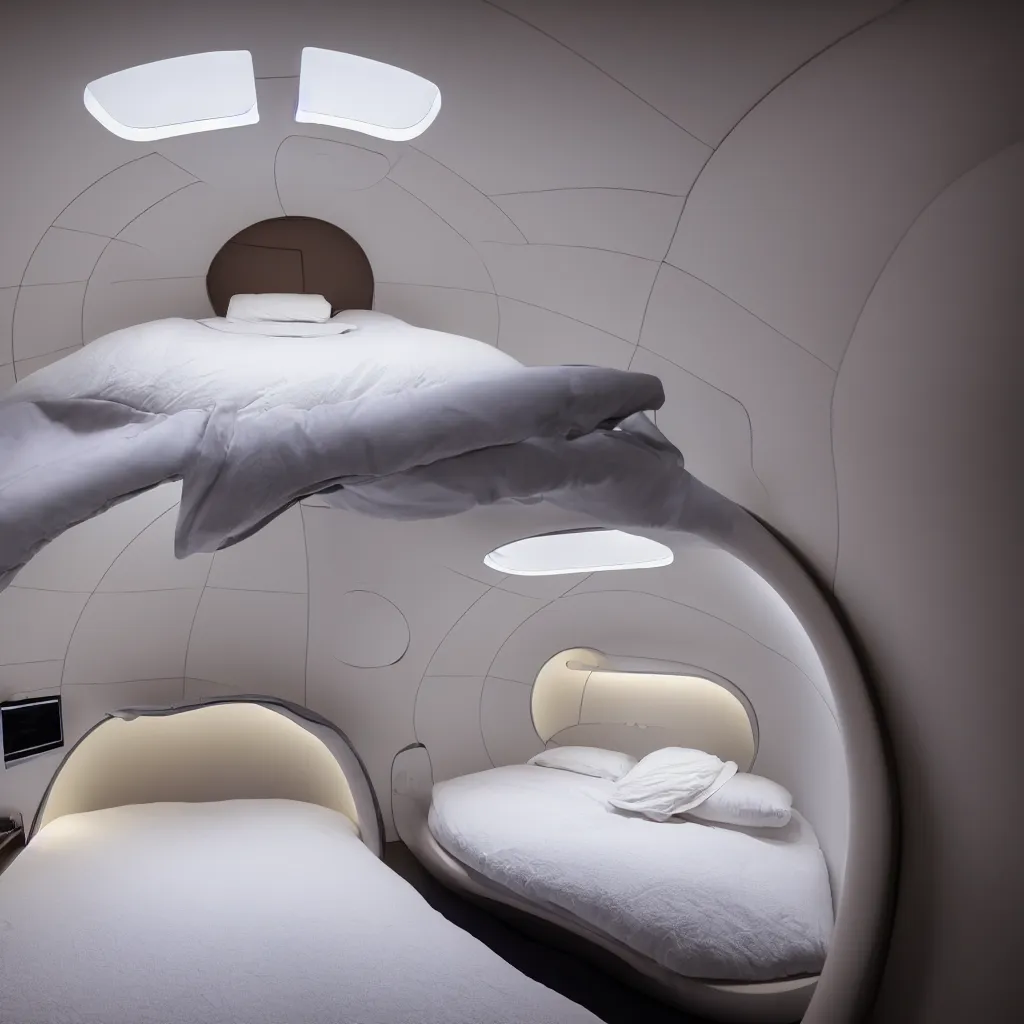 Prompt: inside cozy luxurious curved sleep-pod with wall to wall padding and sound system, ambient lighting, XF IQ4, 150MP, 50mm, F1.4, ISO 200, 1/160s, dawn