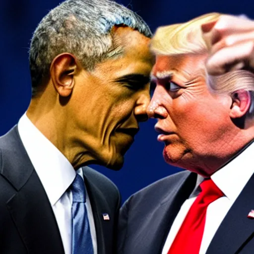 Image similar to obama defeats donald trump in intense sword fight