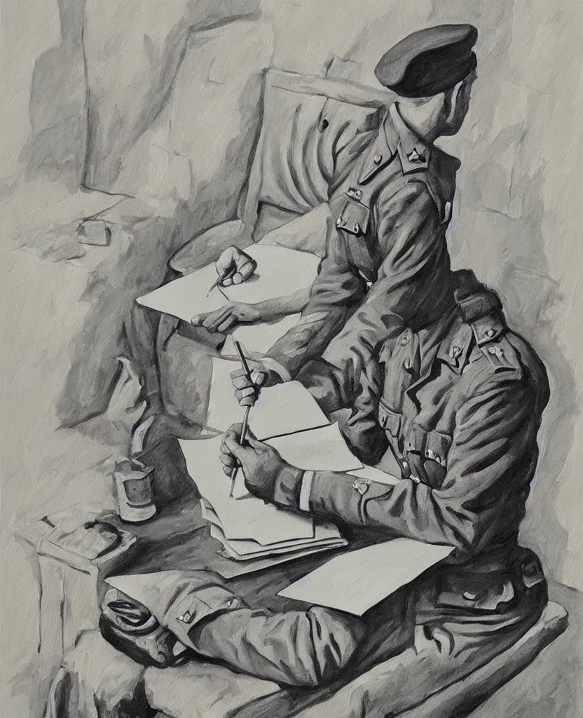 Prompt: a beautiful painting of a soldier's hand writing a letter to home with wwii in background, black and white, painted by escher