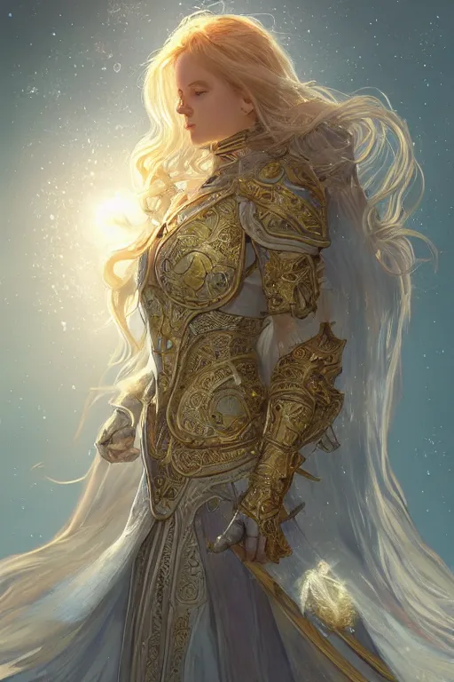 Image similar to portrait knights of Zodiac girl, white color reflected armor, in ruined Agora of Athens moon night and firefly and star sparkles, ssci-fi, fantasy, intricate, very very beautiful, elegant, golden light, highly detailed, digital painting, artstation, concept art, smooth, sharp focus, illustration, art by tian zi and WLOP and alphonse mucha