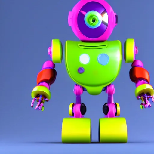 Image similar to high quality 3 d render made with blender of a colourful robot made of fisher price toys being driven by a smaller happy robot. the background is a purple gradient