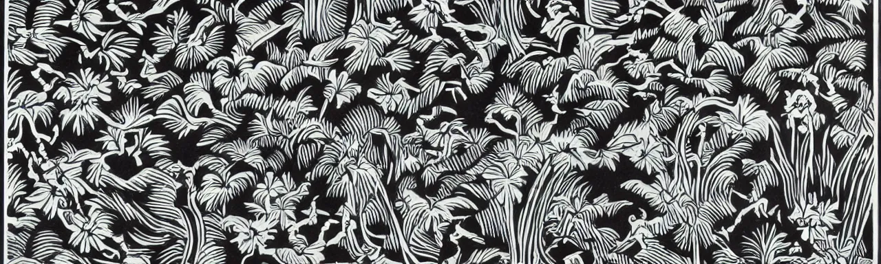Prompt: Elaborate wallpaper print of Clouds and insects in the style of Matisse, high contrast finely carved woodcut black and white crisp edges