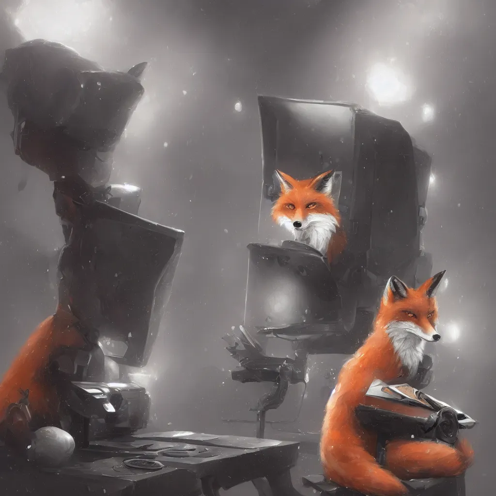 Image similar to an anthropomorphic fox in a hoodie sitting in front of a portable black computer, white background, concept art, digital painting, highly detailed, style of by Jordan Grimmer and greg rutkowski, illustration