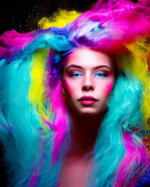 Image similar to a dramatic lighting photo of a beautiful young woman with cotton candy hair. paint splashes. with a little bit of cyan, red, yellow, pink