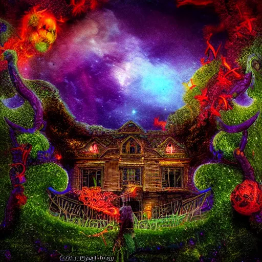 Image similar to Hell and heaven, inter dimensional villa, a heart full of envy, The Autumn Plague Gardener, Some cosmic angels, highly detailed, UE5, digital painting, HDRI, by vivid colors, high contrast, 8k resolution, intricate, beautiful and thematically complex, smooth, its softness partakes of fluidity, biodiversity in a world of change and constancy, by deiv calviz and bossmonsterbani