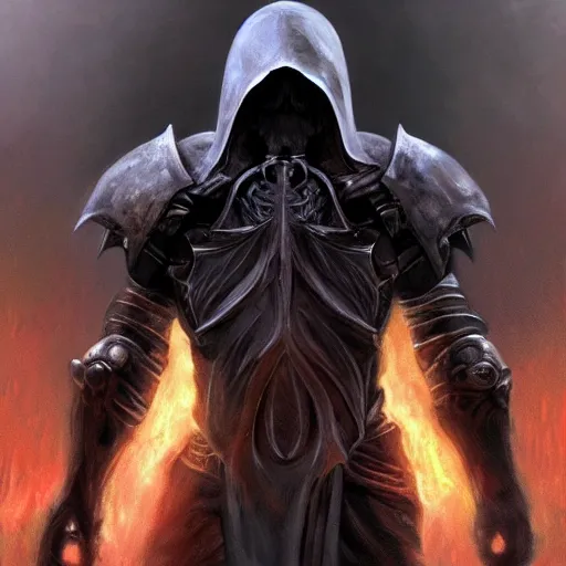 Image similar to the reaper of souls in heavy armor, artstation hall of fame gallery, editors choice, #1 digital painting of all time, most beautiful image ever created, emotionally evocative, greatest art ever made, lifetime achievement magnum opus masterpiece, the most amazing breathtaking image with the deepest message ever painted, a thing of beauty beyond imagination or words