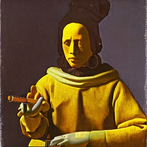 Prompt: johannes vermeer painting c 3 po with a peal earring