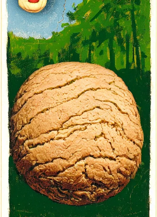 Prompt: an extreme close - up portrait of a spherical bread with face on it on a path in forest, by billy childish, thick visible brush strokes, shadowy landscape painting in the background by beal gifford, vintage postcard illustration, minimalist cover art by mitchell hooks