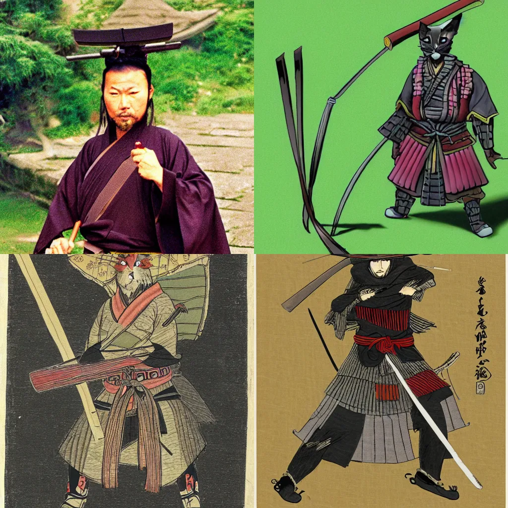 Prompt: a hermit type samurai warrior master with ears and tails of a cat