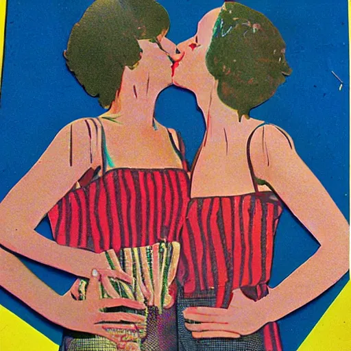 Image similar to two women kissing at a carnival, mixed media collage from 7 0 s, retro, lowfi, magazine collage