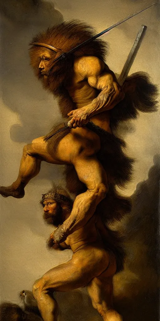 Prompt: muscular_lion_as_barbarian_hunter_full_body_human_legs_very_textured_detailed_oil_painting_by_rembrandt