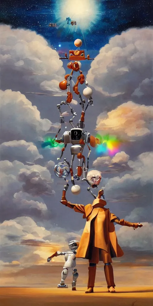 Image similar to a painting by ralph mcquarrie of floating molecules and a robot artist holding an icosahedron with stars, clouds, and rainbows in the background, trending on artstation, masterpiece, incredible details