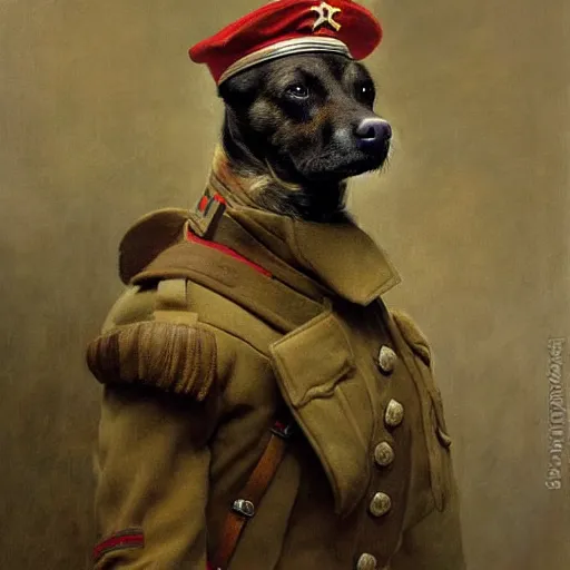 Image similar to old dog with big mustache dressed as a antropormophhic dog veteran colonel of the first world war german army, a dog as a human, highly detailed painting by gaston bussiere, craig mullins, j. c. leyendecker
