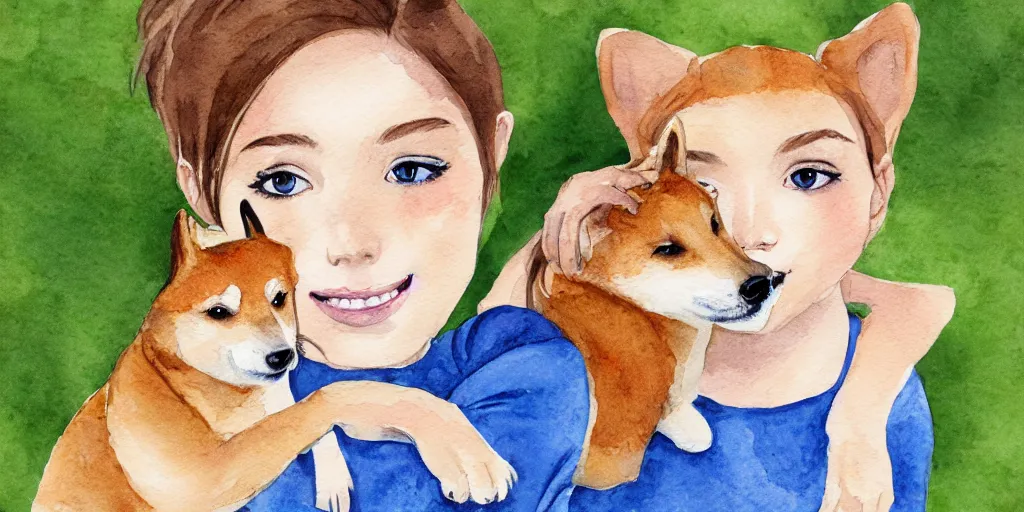 Image similar to a watercolor illustration of a girl with light brown hair, hazel eyes and freckles accompanied by a shiba inu