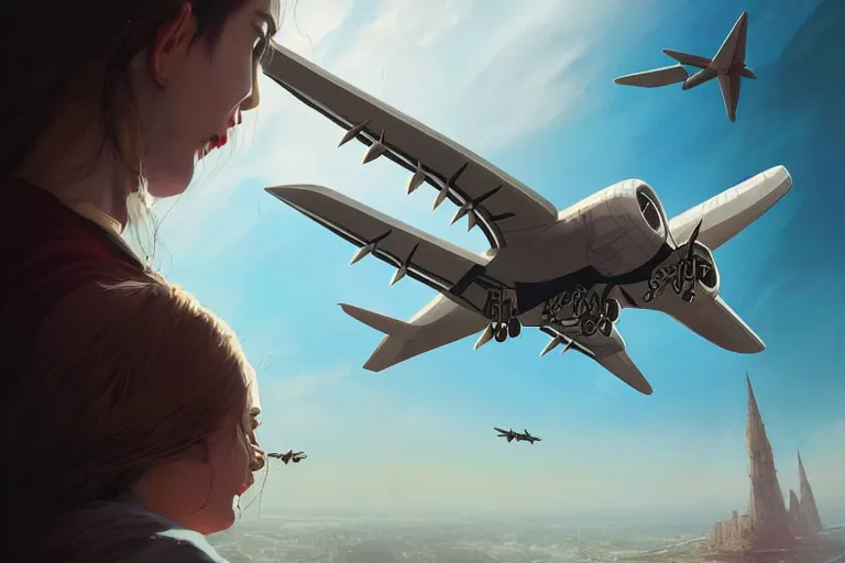 Prompt: detailed intricate digital illustration by greg rutkowski and artgerm and wlop and sanford robinson gifford ; commercial air liner with hole in fuselage, wind, everything flying around, falling ; 1 3 mm film, arri alfa anamorphic lens, fisheye wide angle ; sharp focus ; trending on artstation 8 k