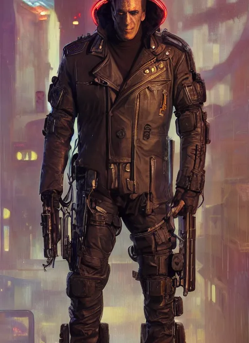 Image similar to frankenstein. cyberpunk cop in tactical gear. plastic raincoat. blade runner 2 0 4 9 concept painting. epic painting by james gurney, azamat khairov, and alphonso mucha. artstationhq. painting with vivid color. ( rb 6 s, cyberpunk 2 0 7 7 )