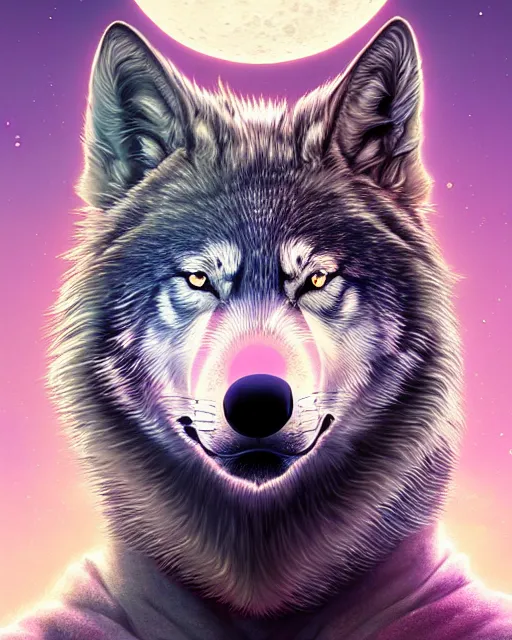 Image similar to highly detailed surreal vfx portrait of a metallic chromatic samurai wolf in front of a full moon, stephen bliss, unreal engine, greg rutkowski, loish, rhads, beeple, makoto shinkai and lois van baarle, ilya kuvshinov, rossdraws, tom bagshaw, alphonse mucha, global illumination, detailed and intricate environment