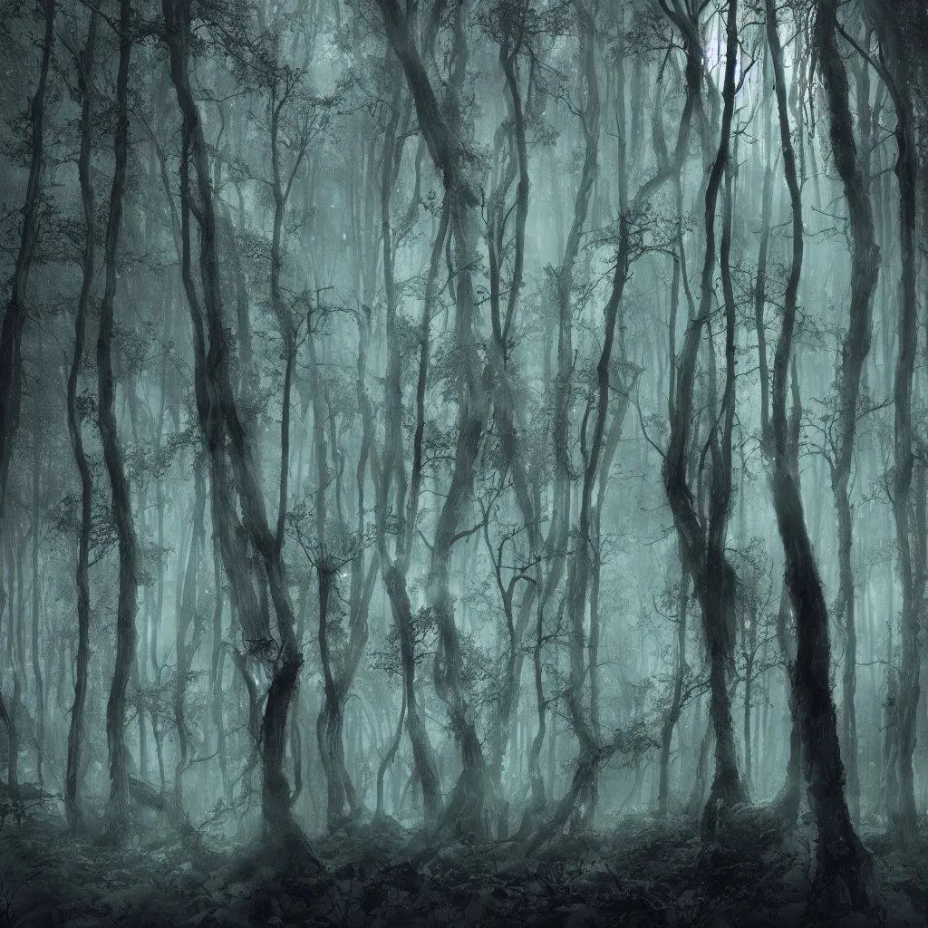 Image similar to a dark enchanted lush winter forest at night, upward cinematic angle, by p. craig russell, michael kaluta, charles vess, bill sienkiewicz and greg rutkowski, ghostly low light, stunning composition, intricate, elegant, digital art, hyperdetailed, colorful hyperrealism, sharp depth of field, 8k