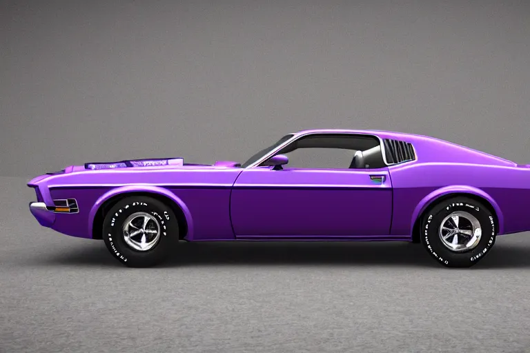 Prompt: purple 1972 ford mustang, complex, hyperrealistic, artstation, 8k resolution