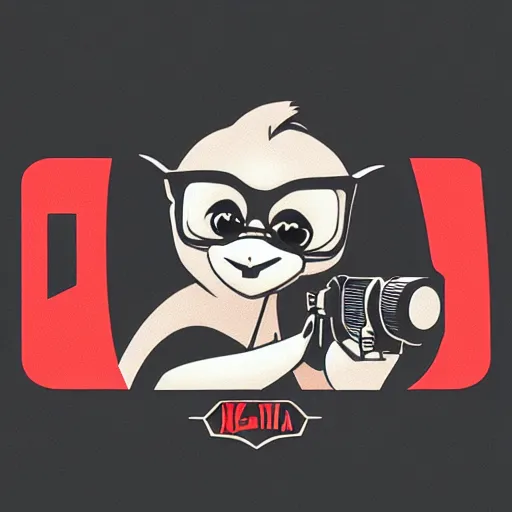 Image similar to “ logo of a upside down monkey in the style of zootopia holding laser gun, with a black background, digital art, award winning, trending on art station, retro style ”