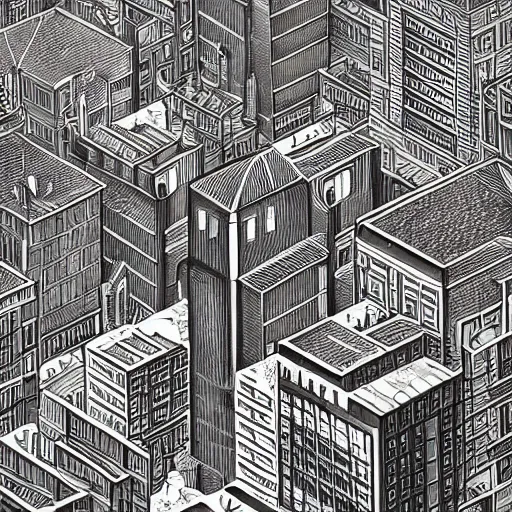 Image similar to a highly detailed, black and white, beautiful city in the style of MC Escher, 4K