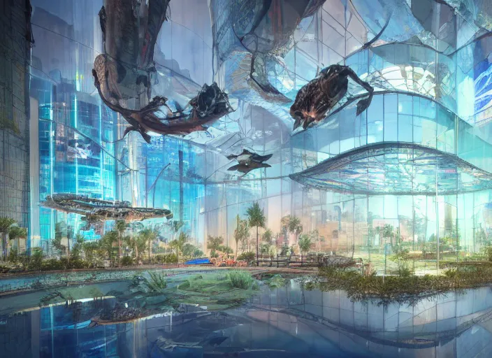 Prompt: a huge glass aquarium with a cyberpunk city hidden inside, in the desert, photo realism, f / 1. 9 6. 8 1 mm iso 4 0