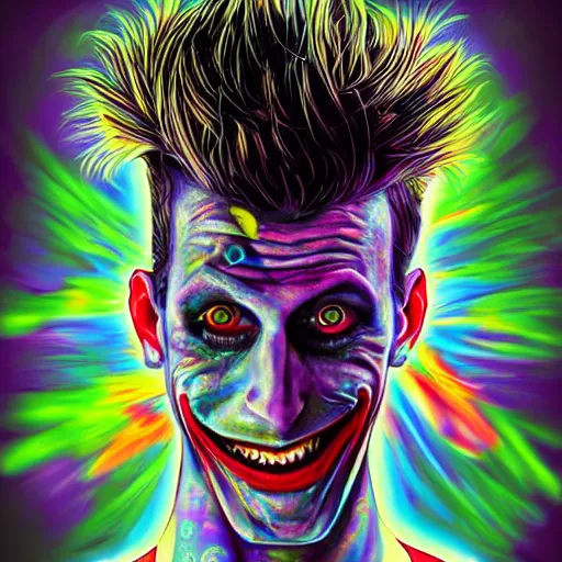 Image similar to an extremely psychedelic portrait of mgk as the joker, surreal, lsd, face, detailed, intricate, elegant, lithe, highly detailed, digital oth, sharp focus, illustration,