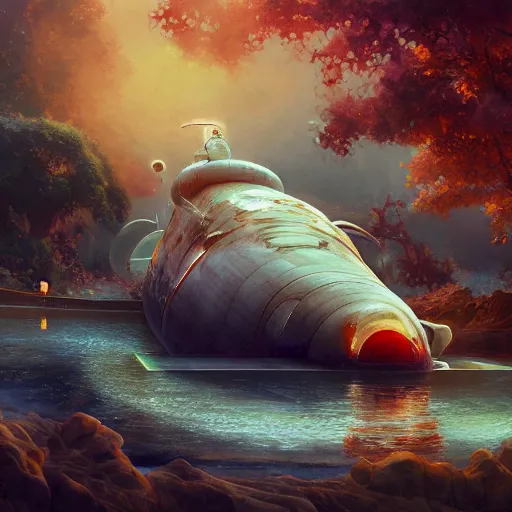 Prompt: subsurface scattering, white, giant submarine, koi colors, koi not included, octane render, jesper ejsing, justin gerard, james jean, tomasz alen kopera, cgsociety, fenghua zhong, makoto shinkai, highly detailed, rim light, art, cinematic lighting, very coherent, hyper realism, 8 k