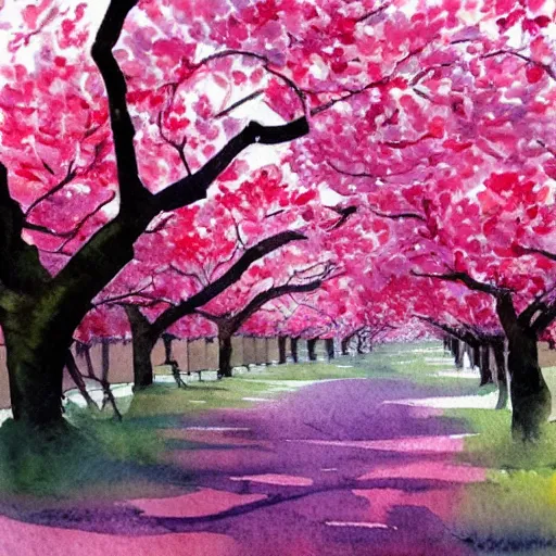 Image similar to beautiful cherry trees, trending on artstation, masterpiece, watercolor