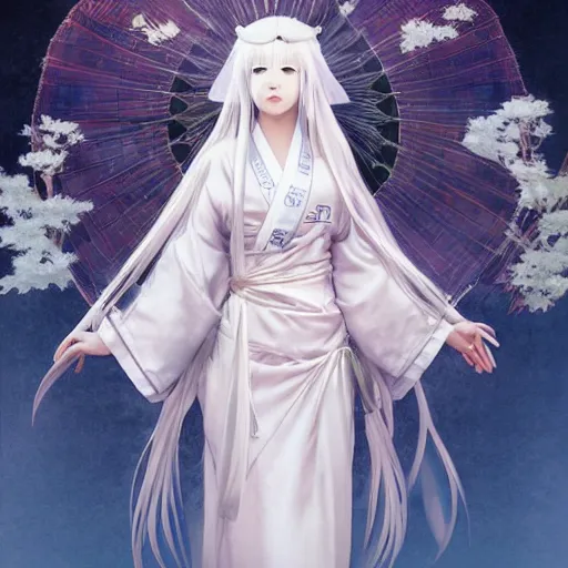 Prompt: sode no shirayuki, wearing a white kimono, long white hair, yamato nadeshiko, character, cg animation, riot entertainment, arcane, realistic, character select portrait, by artgerm, greg rutkowski, alphonse mucha, 3 d