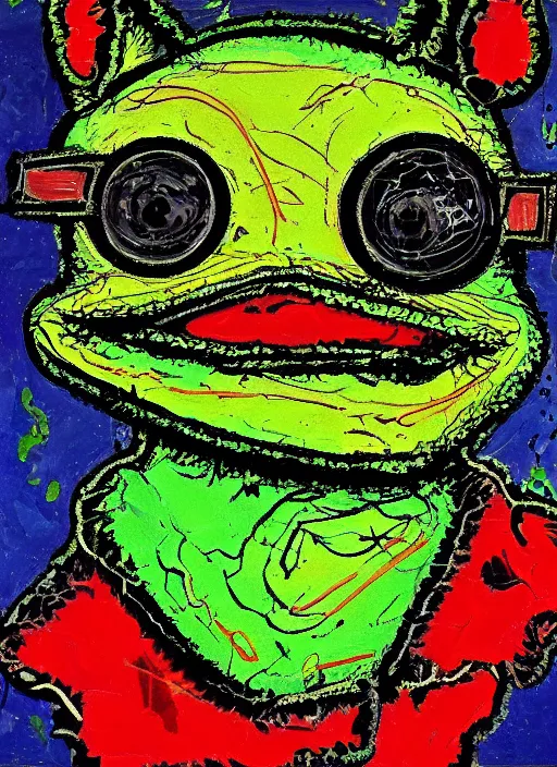 Prompt: portrait of a cyberpunk pepe the frog, by jackson pollock and wassily kandinsky, 4 k resolution, vivid colours, extremely detailed, dripping technique, oil paint, depth