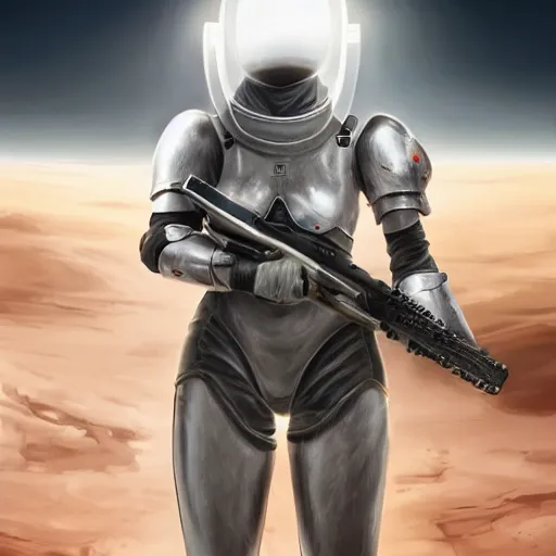 Image similar to a young female soldier with soot stained face, no makeup, in glossy sleek white bloodstained armor inspired by samus aran, long torn red cape, heroic posture, determined expression, no helmet, on the surface of mars, dramatic lighting, cinematic, sci-fi, hyperrealistic, detailed