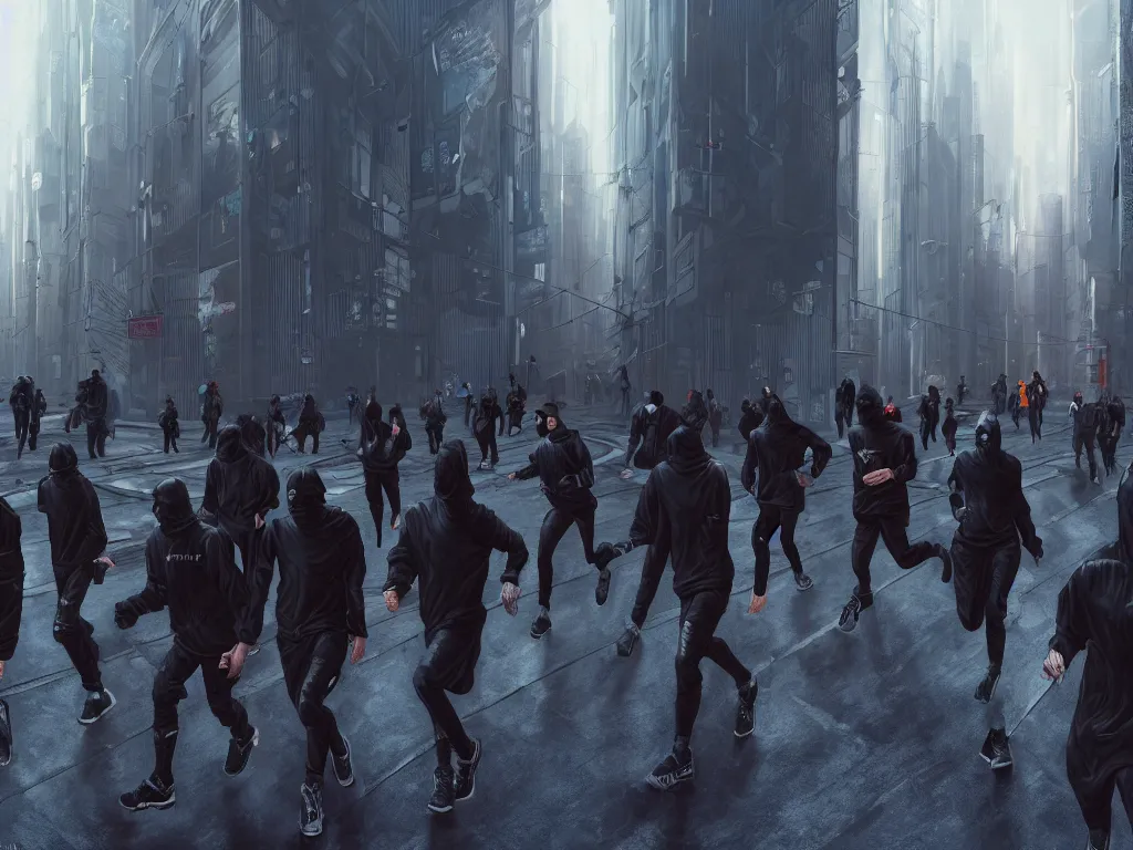 Image similar to a hyperrealistic matte painting of a group of rebellious hackers, clothed in techwear, running through the streets of a dystopian city, matte painting, intricate detail, polished, cyberpunk style, concept art, trending on artstation