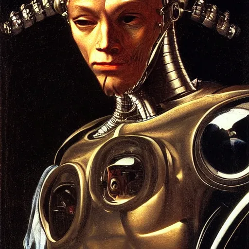 Prompt: a portrait of cyborg king connected to a man-machine interface by Caravaggio, renaissance style