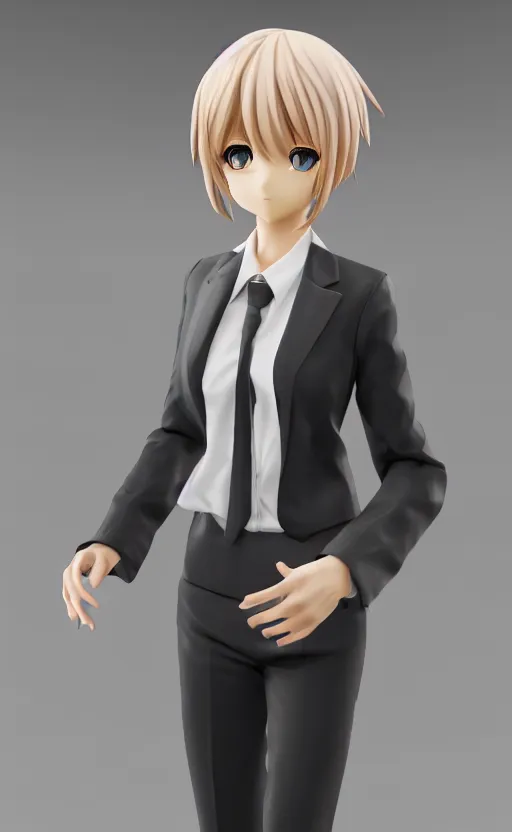 Image similar to Anime girl figure in office suit, unreal engine, highly detailed.