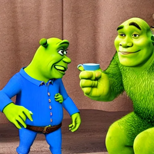 Prompt: Shrek having tea with Heisenberg, candid photo