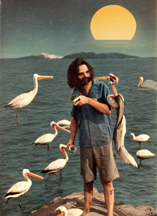 Prompt: vintage pharamaceutical magazine advertisement depicting charles manson feeding pelicans to children