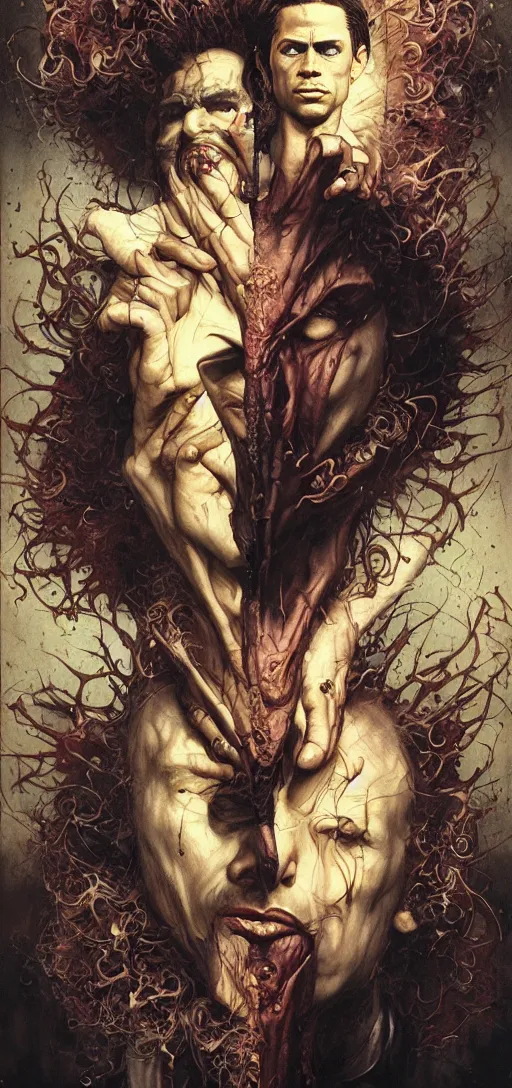 Image similar to portrait of tyler durden and the narrator in the style of wayne barlowe, gustav moreau, peter mohrbacher, bussiere, roberto ferri, santiago caruso, luis ricardo falero, austin osman spare