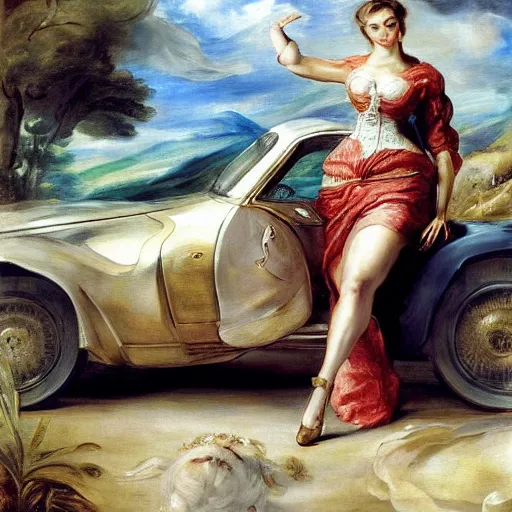 Prompt: heavenly summer sharp land sphere scallop well dressed lady standing next to car, auslese, by peter paul rubens and eugene delacroix and karol bak, hyperrealism, digital illustration, fauvist, standing next to a car