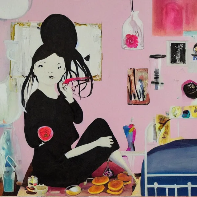 Image similar to a portrait in a female artist's bedroom, black walls, emo girl eating pancakes, sheet music, berries, surgical supplies, handmade pottery, flowers, sensual, octopus, neo - expressionism, surrealism, acrylic and spray paint and oilstick on canvas