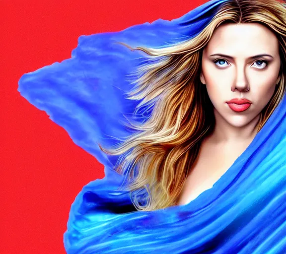 Prompt: beautiful astonishing scarlett johansson with beautiful body shape wearing a magic blue blanket and flying through the air, digital art