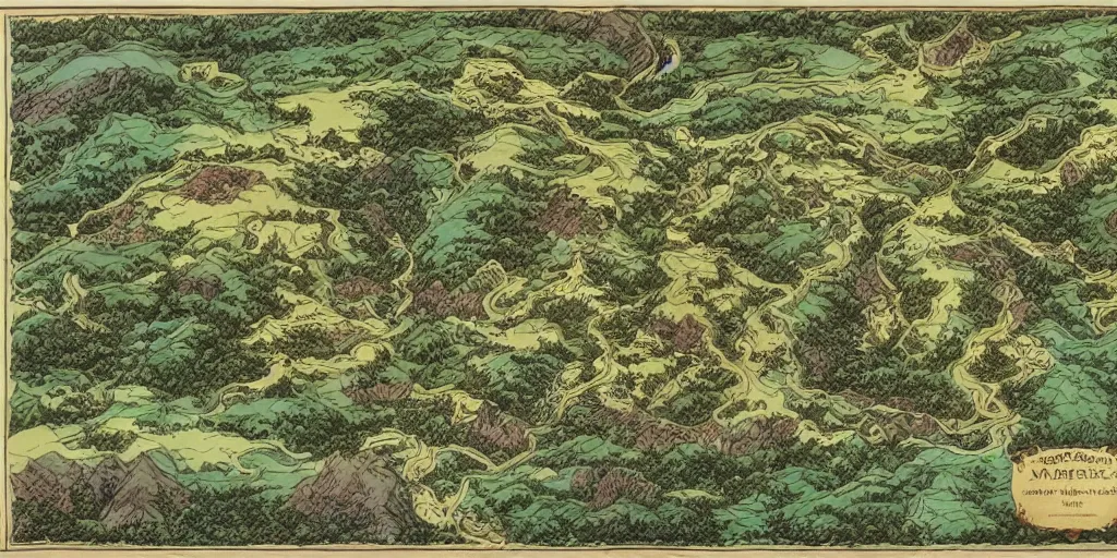 Image similar to map by tolkien, isometric fantasy world, caves and lush forests, mountains and rivers and cities, detailed masterpiece lithography, moebius