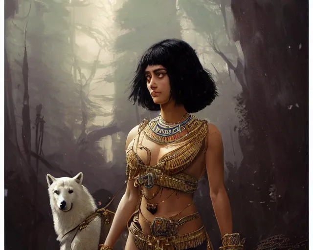 Image similar to 5 5 mm portrait photo of sensual cleopatra with her pet white wolves. magical atmosphere. art by greg rutkowski. highly detailed 8 k. intricate. lifelike. soft light. ilya kuvshinov and jeremy lipking and quentin mabille, light novel cover art, 3 d epic illustrations, symmetric body,