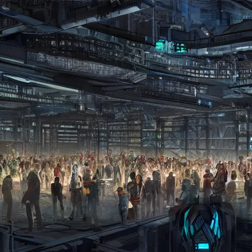 Image similar to large group people in a huge warehouse, looking at a tabletop futuristic city hologram | cinematic concept art | godrays | 4 k | clear details | tabletop | tabletop | hologram foreground