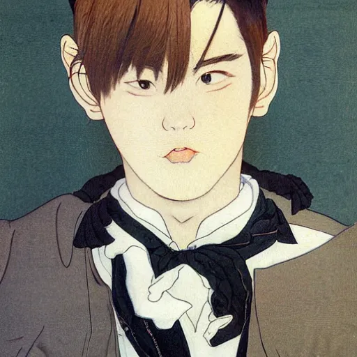 Image similar to painting of grumpy handsome beautiful man in his 2 0 s named min - jun in a french female maid outfit, modern clothing, elegant, clear, painting, stylized, delicate facial features, soft, art, art by takato yamamoto and egon schiele combined