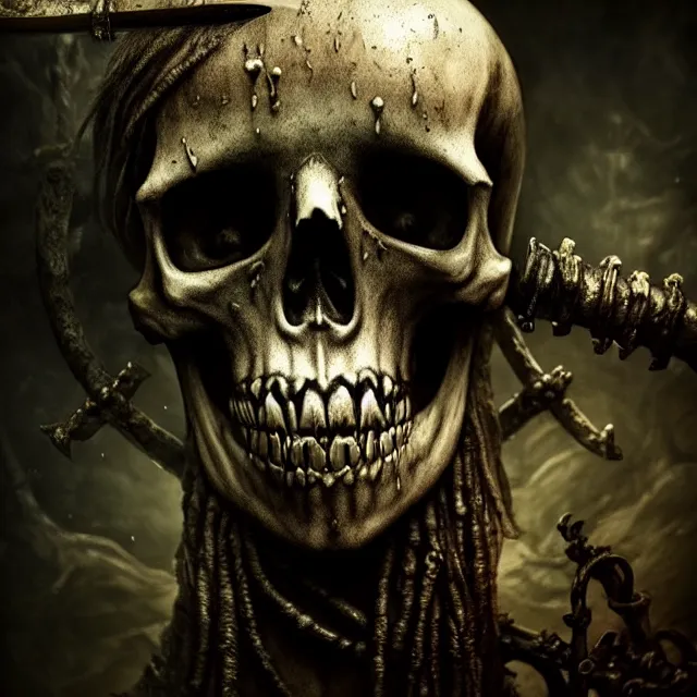 Prompt: photo of a skeletal waterlogged ghostly pirate head and torso, holding a sword and standing in a grotto, photorealistic, dark, lovecraft, paul carrick, atmospheric lighting, painted, intricate, ultra detailed, well composed, best on artstation, cgsociety, epic, stunning, gorgeous, intricate detail, wow, masterpiece