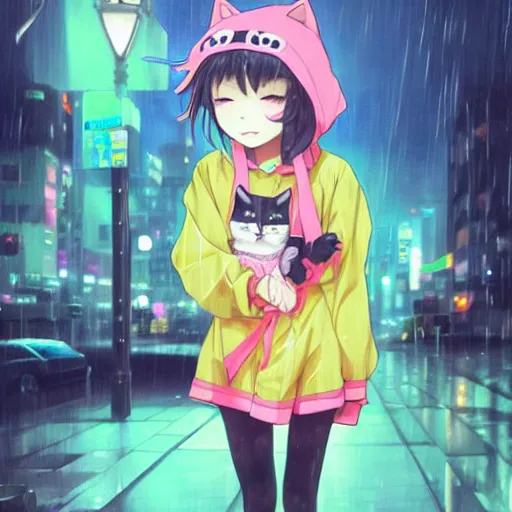 Prompt: a cute anime girl wearing a cat hoodie sleeping in a neon lit street in the rain, wlop, ilya kuvshinov, artgerm, krenz cushart, greg rutkowski, hiroaki samura, range murata, james jean, katsuhiro otomo, erik jones, serov, surikov, vasnetsov