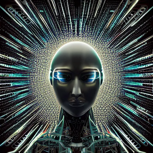 Prompt: an insanely detailed cibernetic artwork of a futuristic artificial intelligence superstar, centered image, with frames made of detailed fractals, octsne render, 4k, insanely detailed, detailed grid as background, cgi