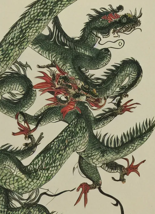 Image similar to vintage chinese dragon in a tropical forest, john james audubon, intaglio, sharp focus