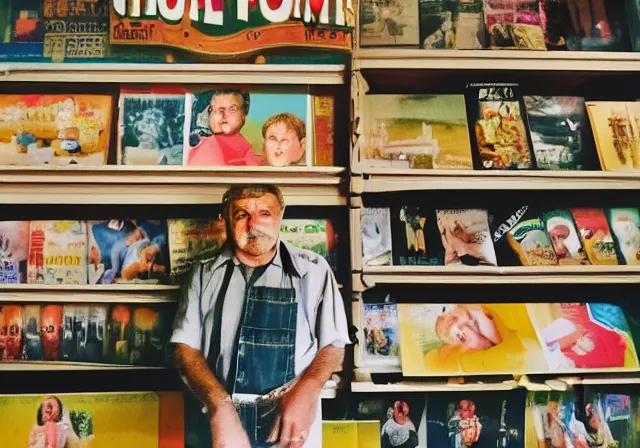 Image similar to home photography portrait, A shop keeper person of the SHOME, floor, signboards , poster ; summer, Color VHS picture quality with mixed noise